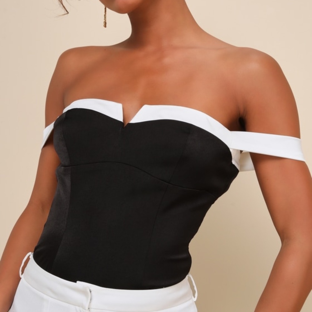 Lulus Signature Perfection Black Color Block Satin Notched Bodysuit - Size M